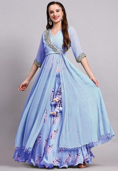 Digital Printed Satin Georgette Lehenga in Sky Blue