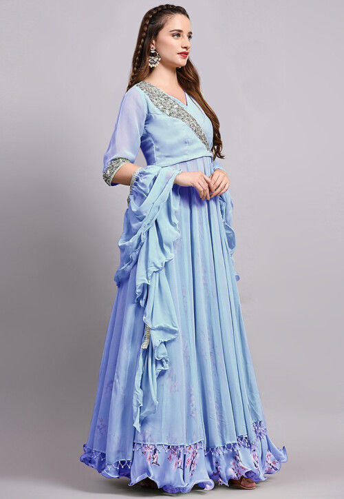 Digital Printed Satin Georgette Lehenga in Sky Blue