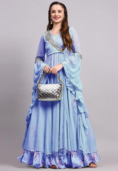 Digital Printed Satin Georgette Lehenga in Sky Blue