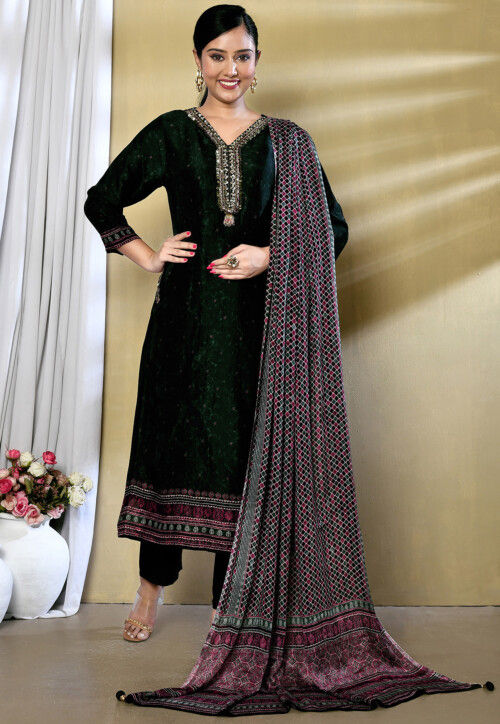 Digital Printed Satin Georgette Pakistani Suit in Dark Green