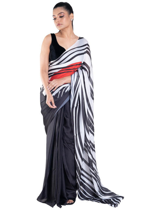Digital Printed Satin Georgette Saree in Black and White