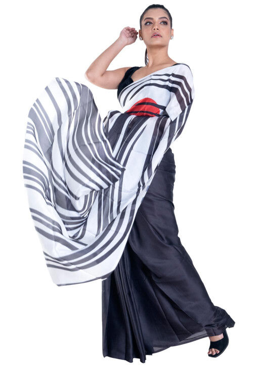 Digital Printed Satin Georgette Saree in Black and White