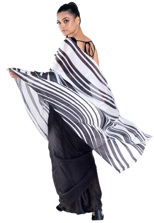 Digital Printed Satin Georgette Saree in Black and White