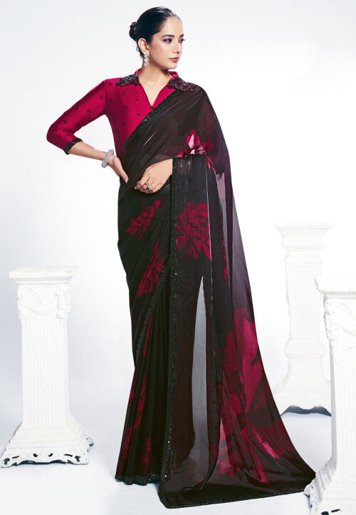 Digital Printed Satin Georgette Saree in Black