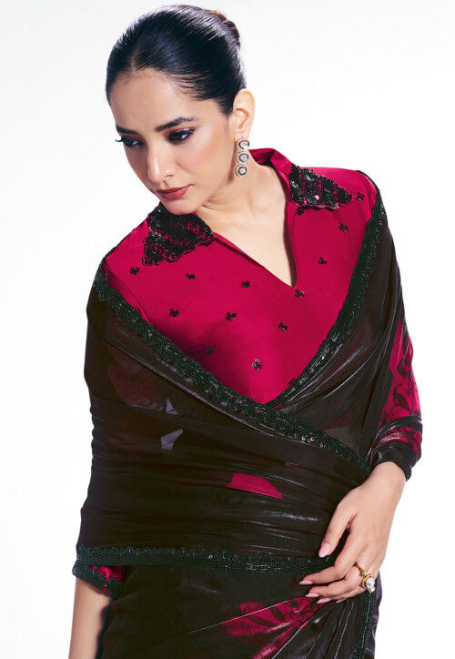 Digital Printed Satin Georgette Saree in Black