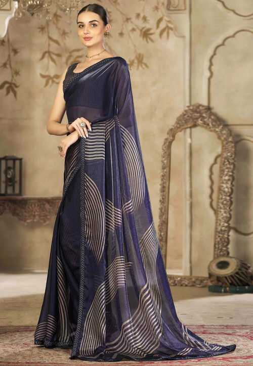 Digital Printed Satin Georgette Saree in Navy Blue