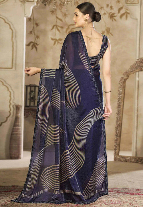 Digital Printed Satin Georgette Saree in Navy Blue
