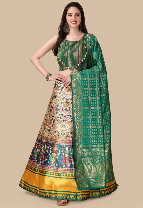 Digital Printed Satin Lehenga in Beige