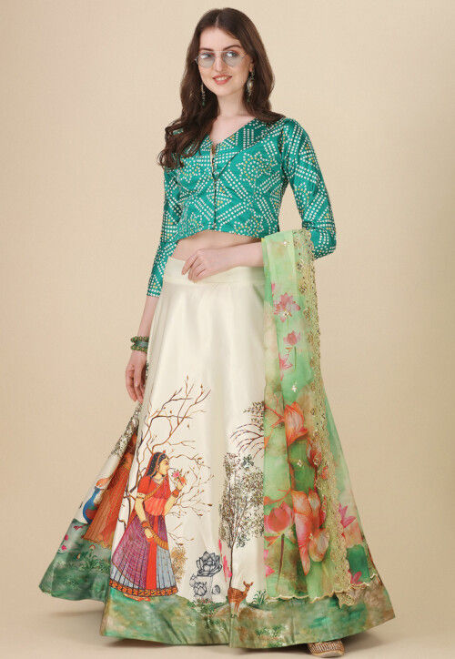 Digital Printed Satin Lehenga in Cream