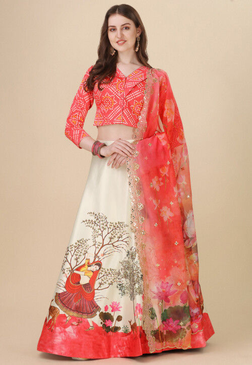 Digital Printed Satin Lehenga in Cream