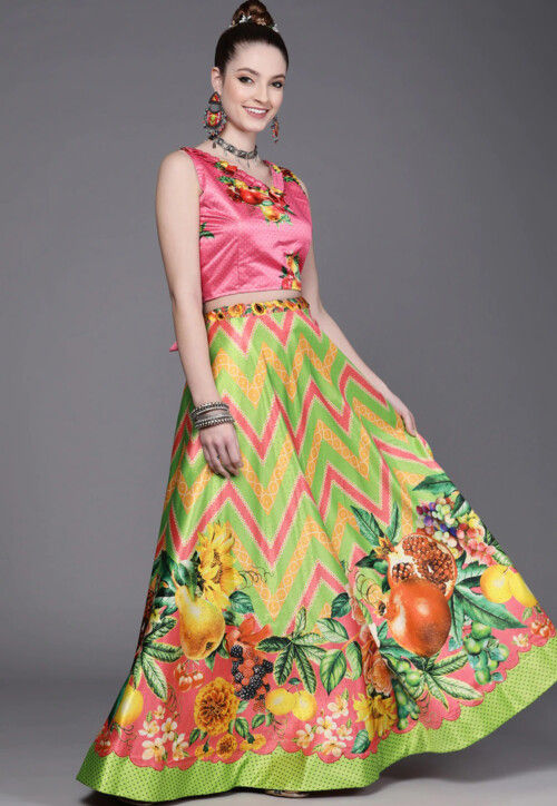 Digital Printed Satin Lehenga in Light Green