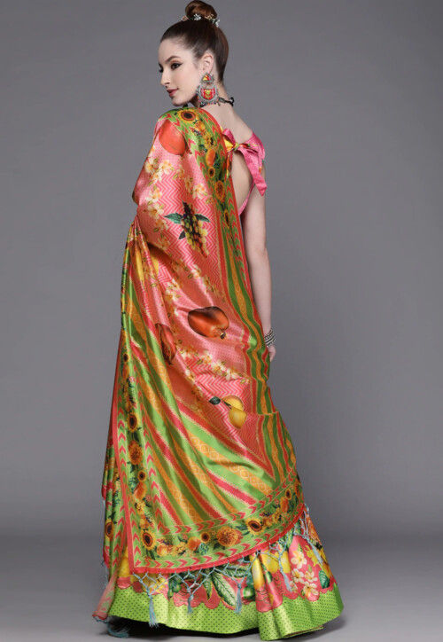 Digital Printed Satin Lehenga in Light Green