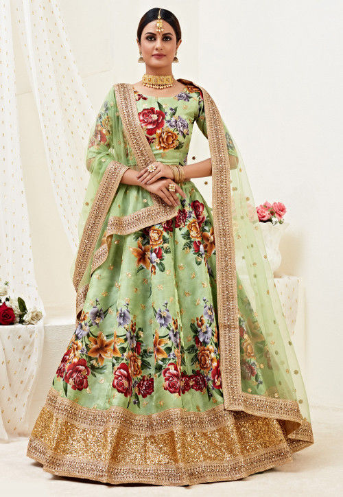 Digital Printed Satin Lehenga in Light Green