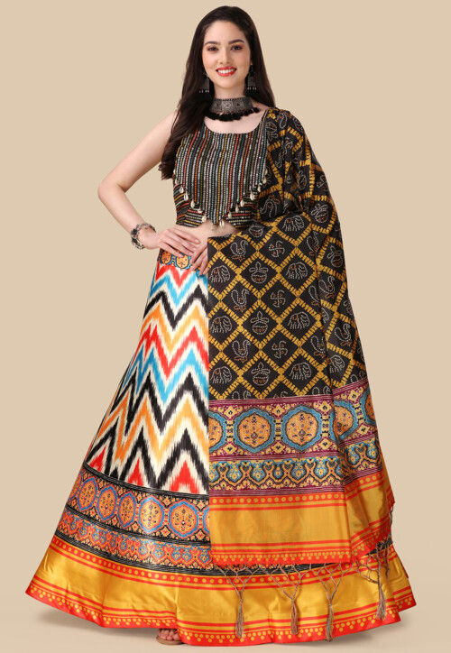 Digital Printed Satin Lehenga in Multicolor