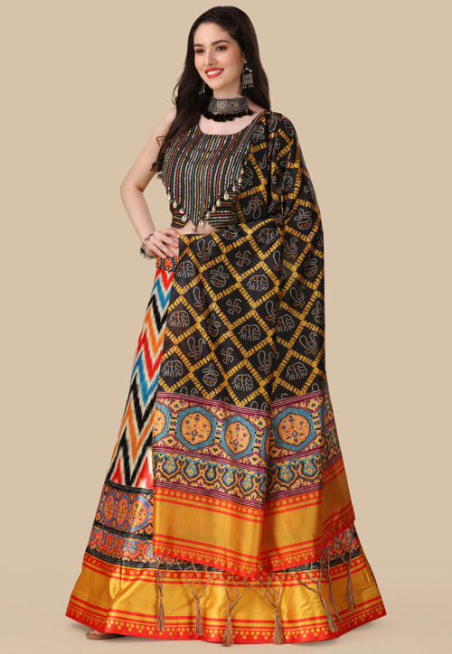 Digital Printed Satin Lehenga in Multicolor