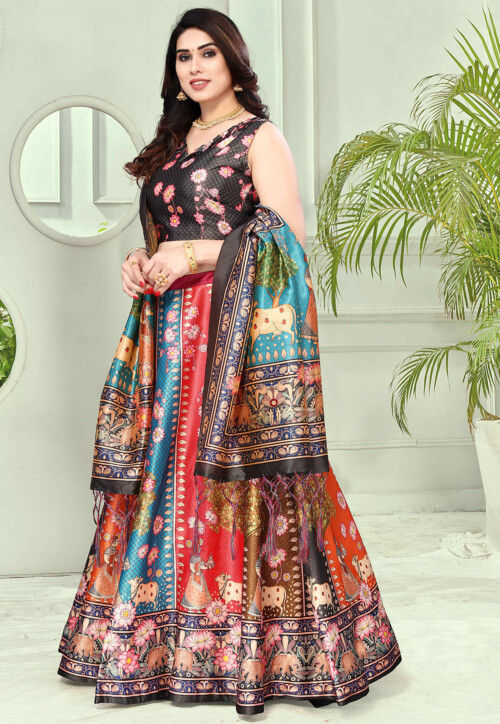 Digital Printed Satin Lehenga in Multicolor