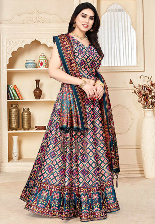 Digital Printed Satin Lehenga in Multicolor