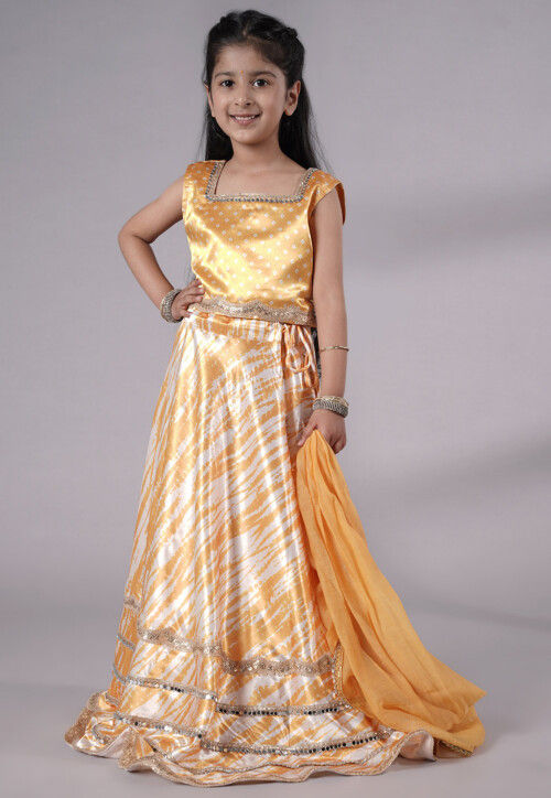 Digital Printed Satin Lehenga in Off White and Yellow