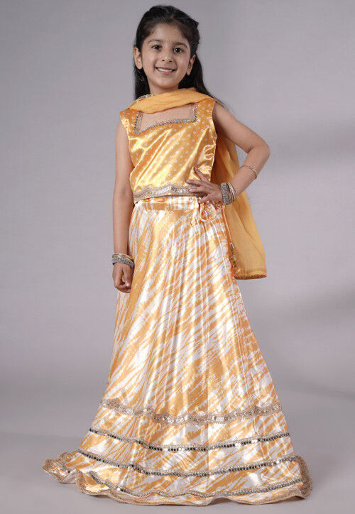 Digital Printed Satin Lehenga in Off White and Yellow