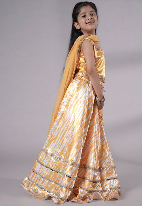 Digital Printed Satin Lehenga in Off White and Yellow
