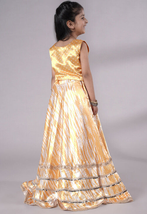 Digital Printed Satin Lehenga in Off White and Yellow