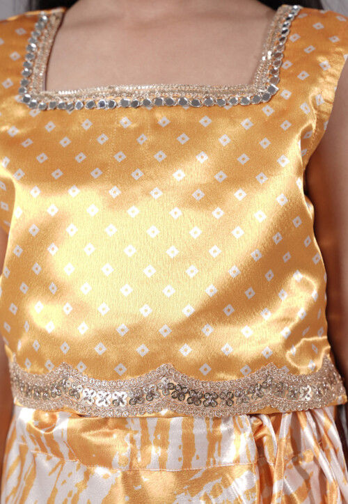 Digital Printed Satin Lehenga in Off White and Yellow