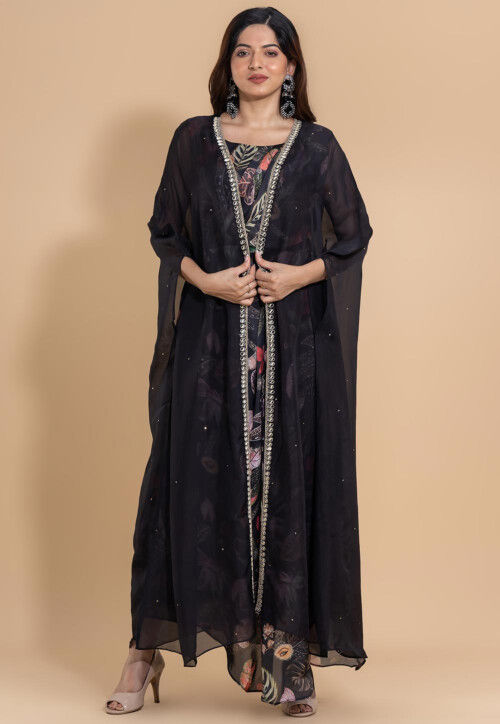 Digital Printed Satin Long Jacket Dress in Black