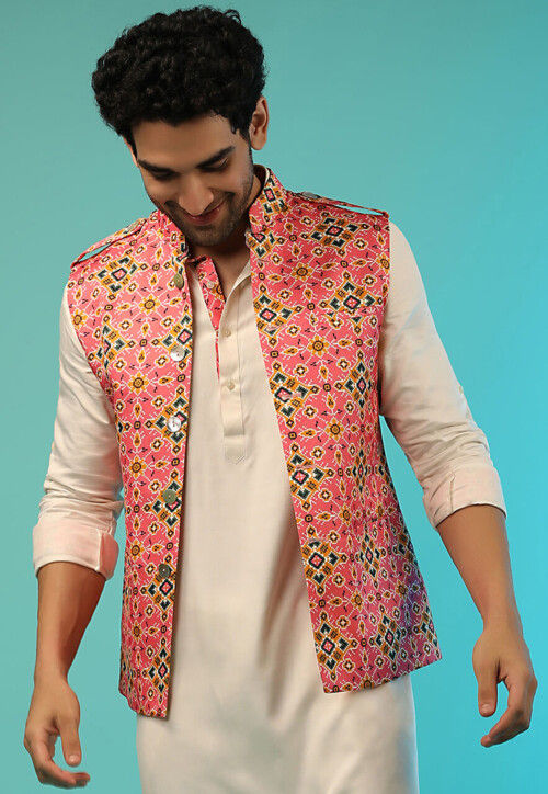 Buy Digital Printed Satin Nehru Jacket in Pink Online MAT449 Utsav Fashion