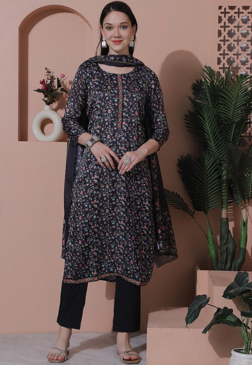 Digital Printed Satin Pakistani Suit in Black