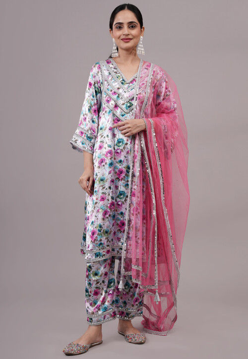 Digital Printed Satin Pakistani Suit in Off White and Multicolor