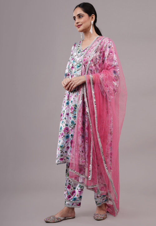 Digital Printed Satin Pakistani Suit in Off White and Multicolor