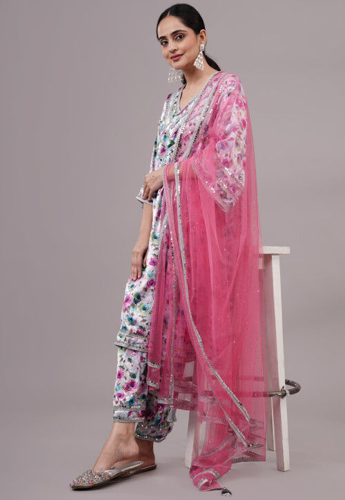 Digital Printed Satin Pakistani Suit in Off White and Multicolor