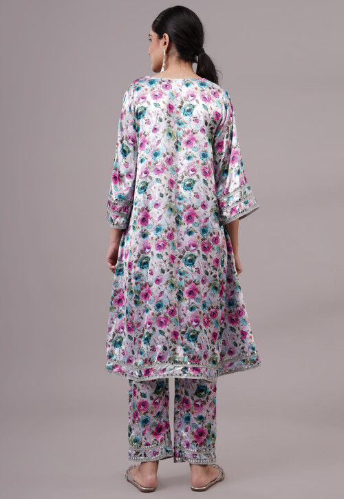Digital Printed Satin Pakistani Suit in Off White and Multicolor