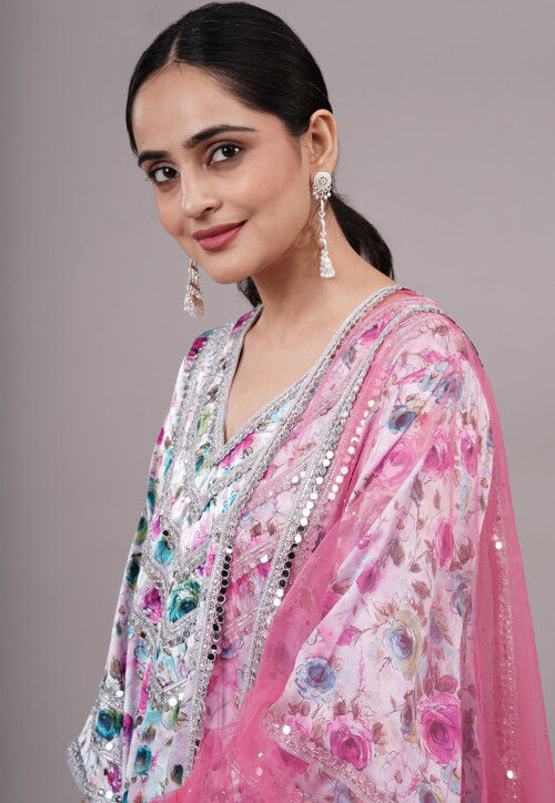 Digital Printed Satin Pakistani Suit in Off White and Multicolor