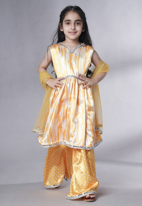 Digital Printed Satin Pakistani Suit in Yellow and Cream