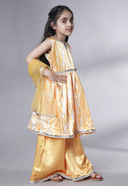 Digital Printed Satin Pakistani Suit in Yellow and Cream