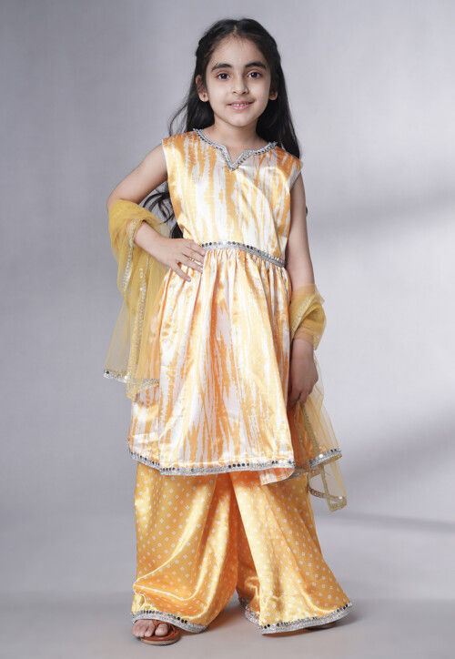 Digital Printed Satin Pakistani Suit in Yellow and Cream