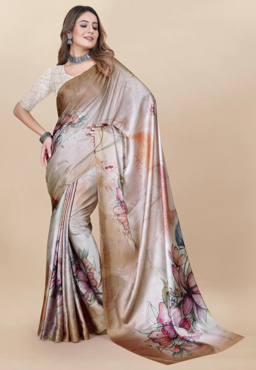 Digital Printed Satin Saree in Beige