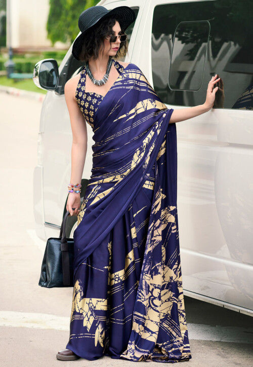 Digital Printed Satin Saree in Blue