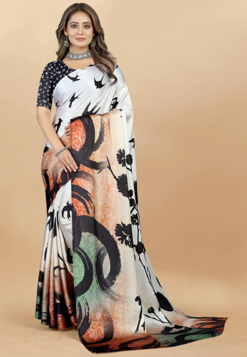 Digital Printed Satin Saree in Cream