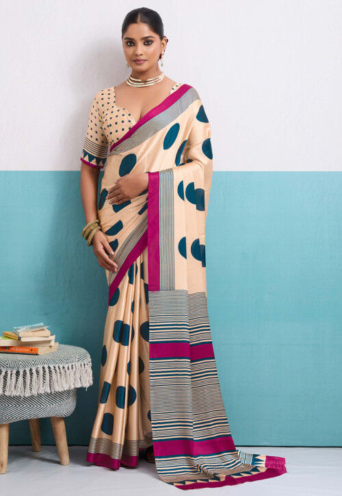 Digital Printed Satin Saree in Cream