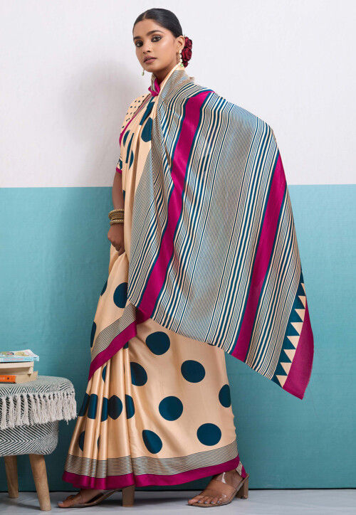 Digital Printed Satin Saree in Cream