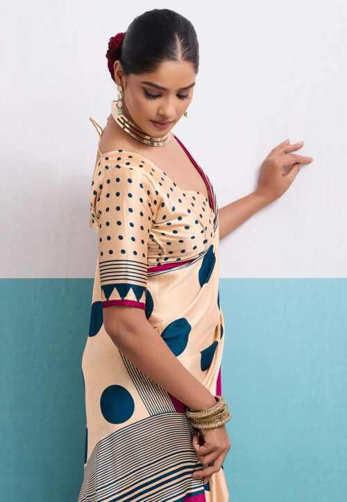 Digital Printed Satin Saree in Cream