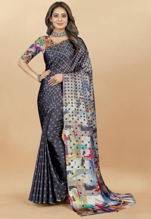 Digital Printed Satin Saree in Dark Grey