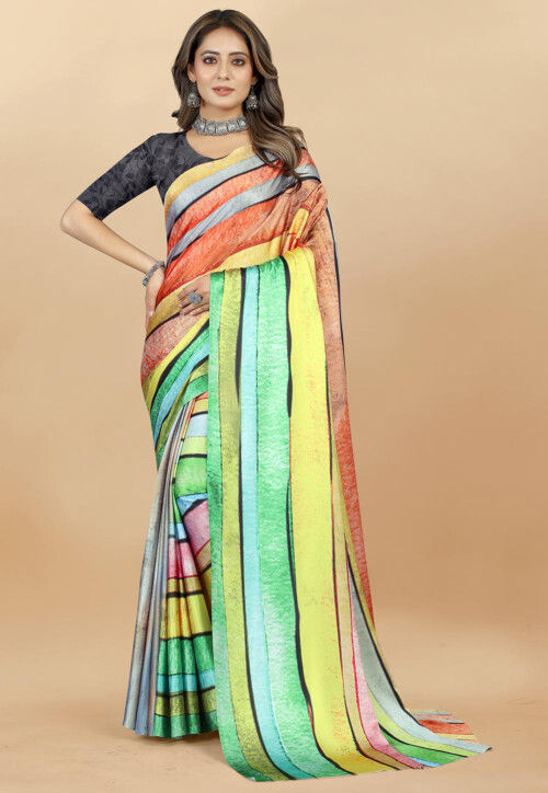 Digital Printed Satin Saree in Multicolor