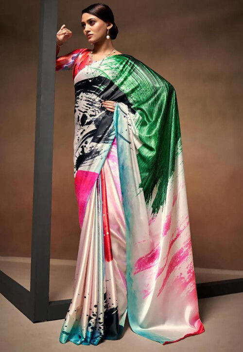 Grey Satin Crepe Digital Print Saree – Thath Banaras