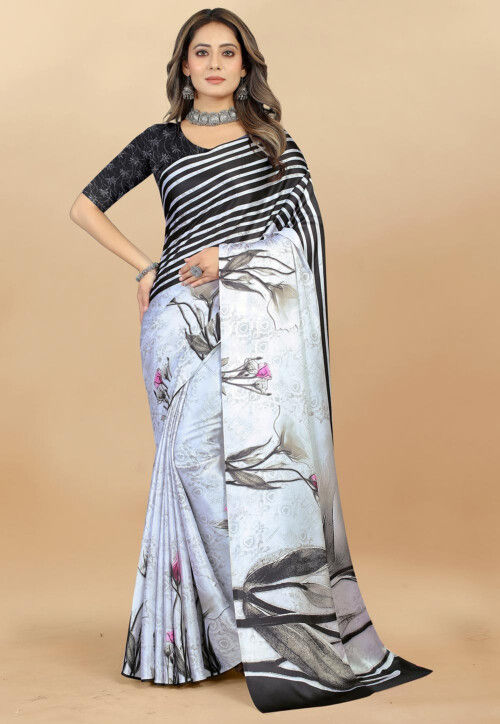 Digital Printed Satin Saree in Off White and Black