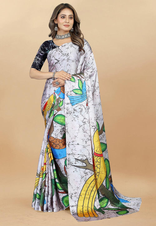 Digital Printed Satin Saree in Off White