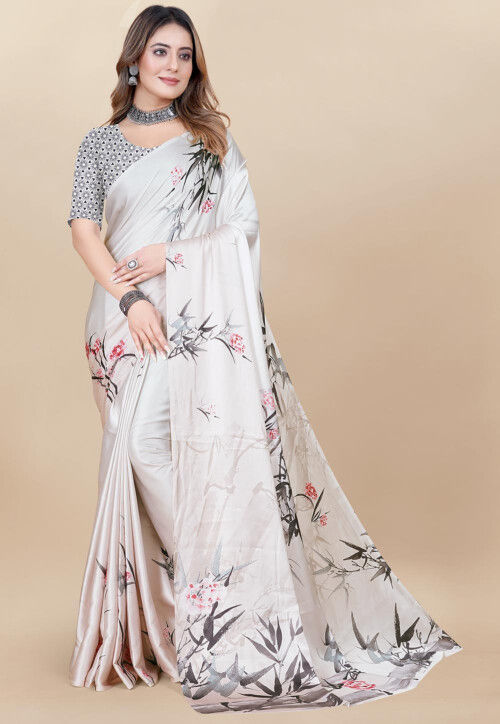 Digital Printed Satin Saree in Off White