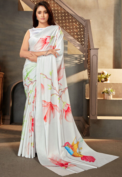 Cloud Grey Digital Print Satin Silk Crape Fabric Floral Saree